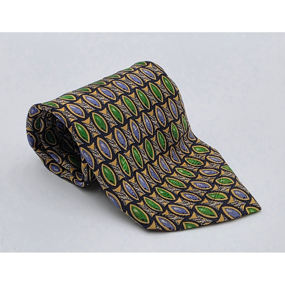 Brioni Italy Silk Tie Gold Green Blue Geometric Oval Pattern Luxury Menswear